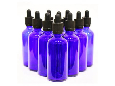 blue glass dropper bottles from Silver Spur Corp.